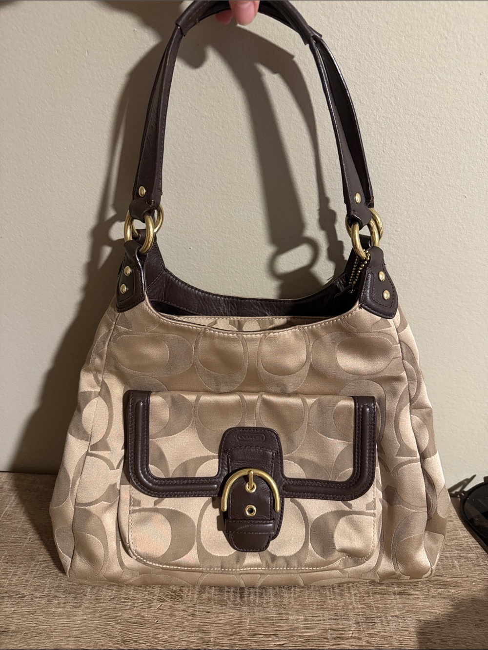 Coach Beige and Dark Brown Signature Shoulder Bag